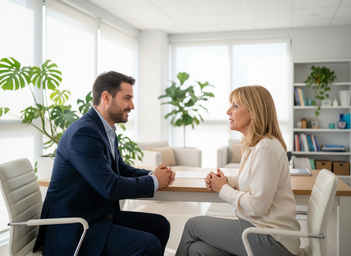 Cirujano plástico conversando con una paciente en consulta