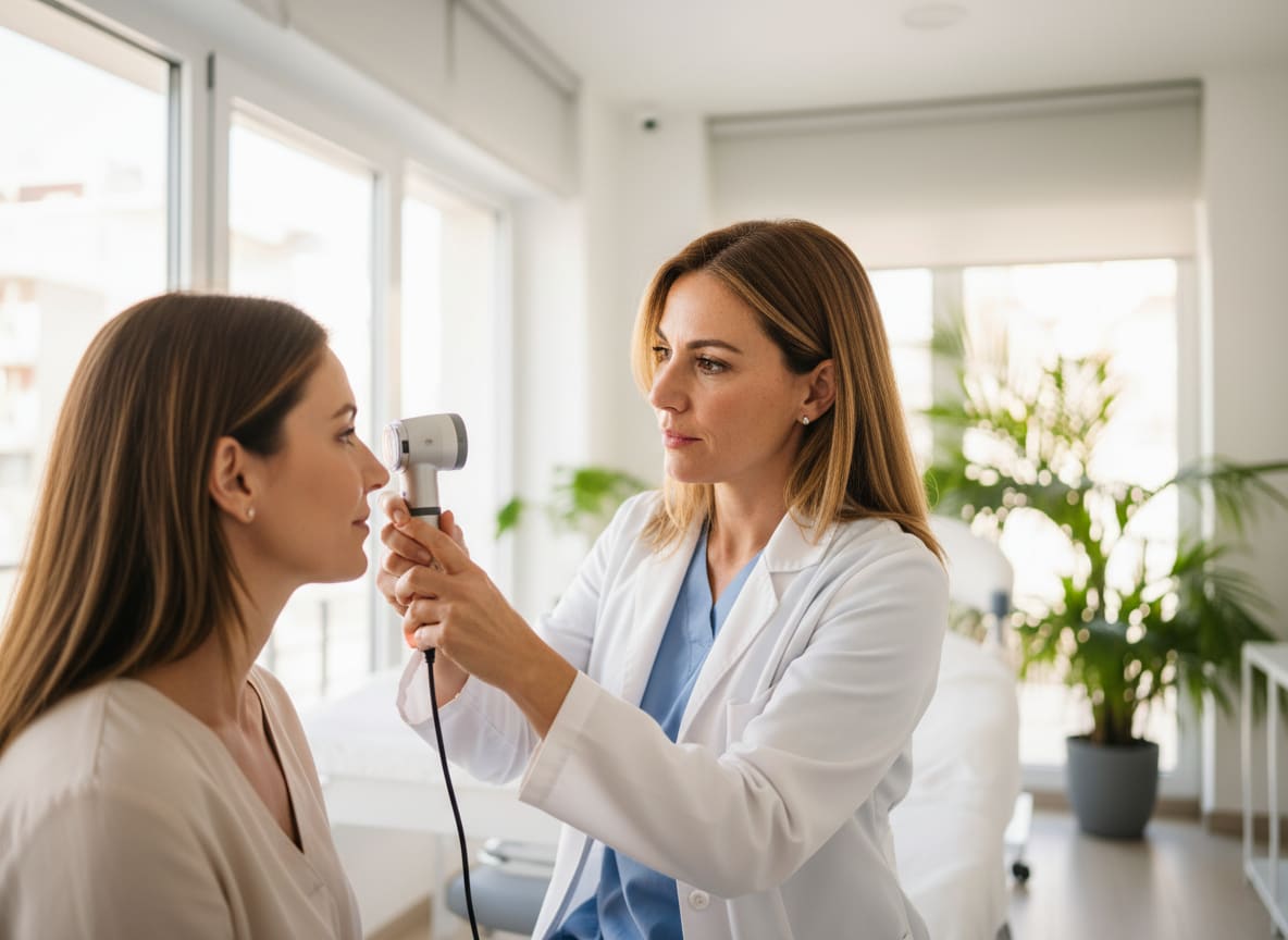 Dermatóloga examinando la piel de una paciente con dermatoscopio