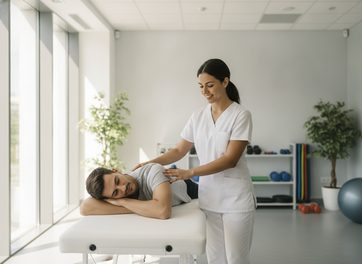 Fisioterapeuta tratando a un paciente en una sala de rehabilitación luminosa