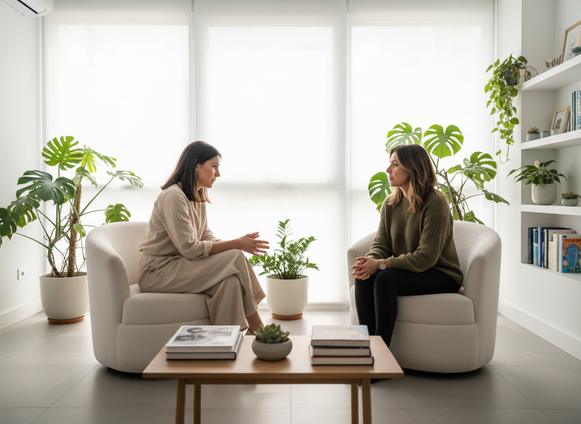 Psicóloga conversando con un paciente en una consulta acogedora