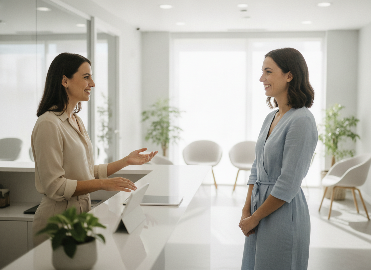 Recepcionista de una clínica privada dando la bienvenida a una nueva paciente