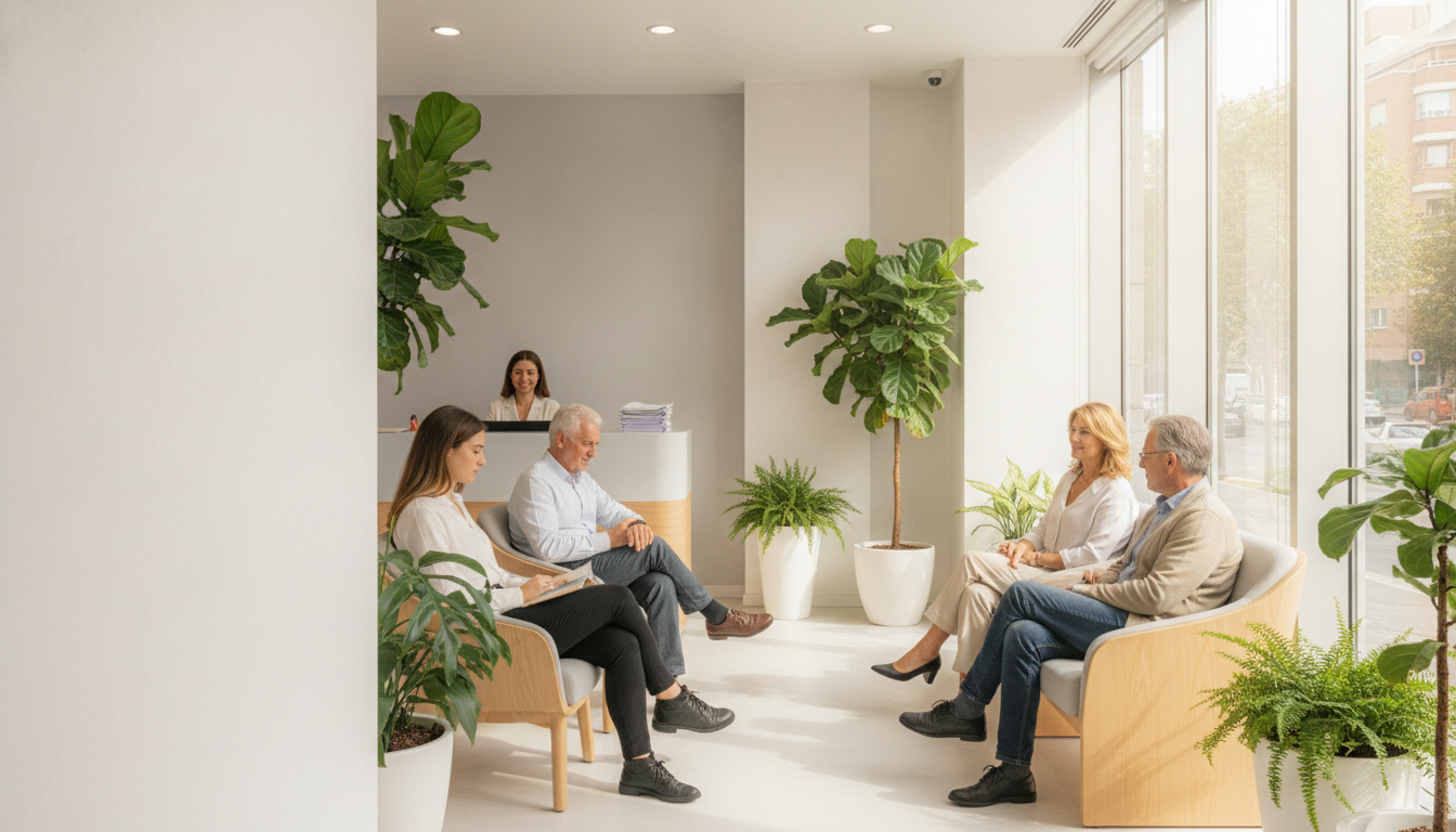 Sala de espera de una clínica privada con pacientes esperando su cita