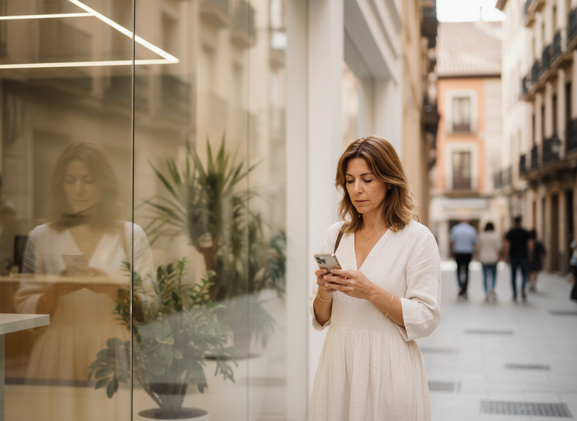 Paciente leyendo opiniones de una clínica en su teléfono antes de pedir cita