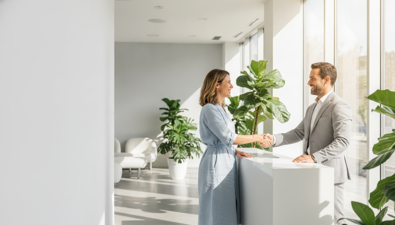 Paciente satisfecha saliendo de la consulta de una clínica privada