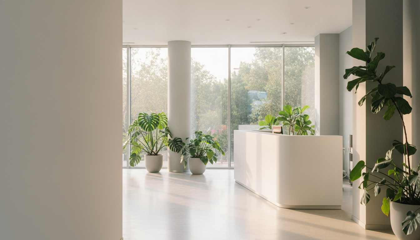 Recepción luminosa y moderna de una clínica privada